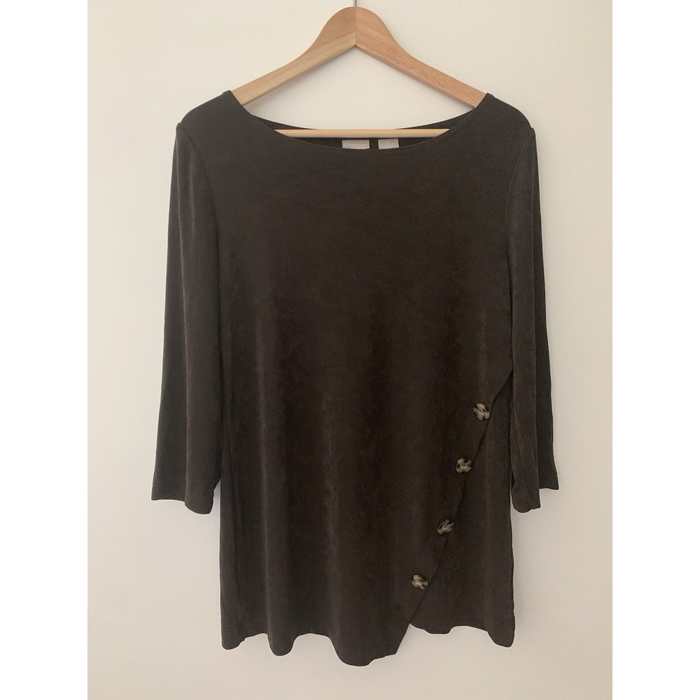 Chicos Travelers Tunic Size 0 US 4/6 Asymmetrical Button Brown Lagenlook Scandi